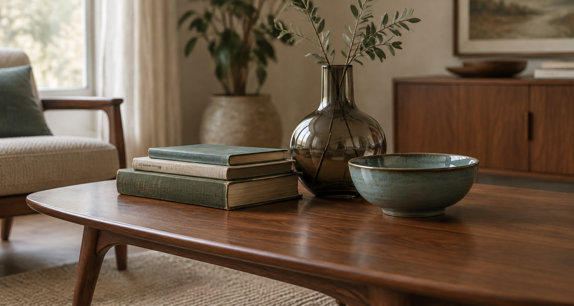 Walnut coffee table with vintage books, a smoked glass vase, and a teal ceramic bowl