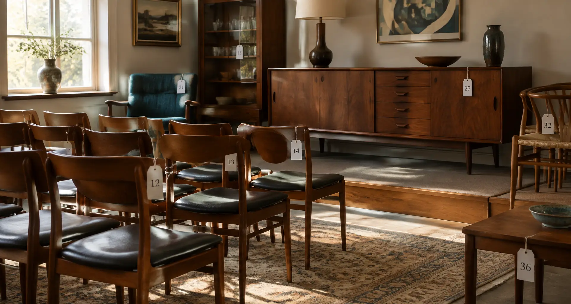 Auction saleroom with numbered lots of mid-century teak chairs and a walnut sideboard