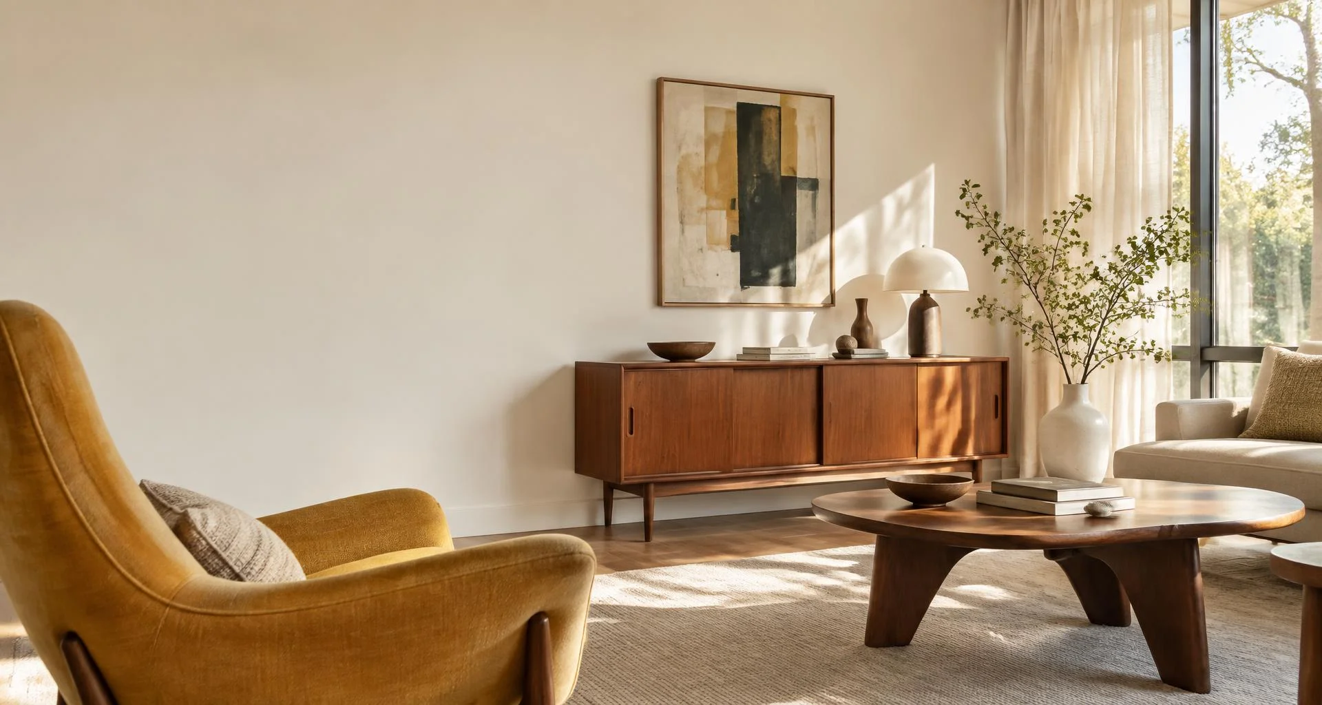 Sunlit mid-century room with a teak sideboard, mustard lounge chair, and sculptural coffee table
