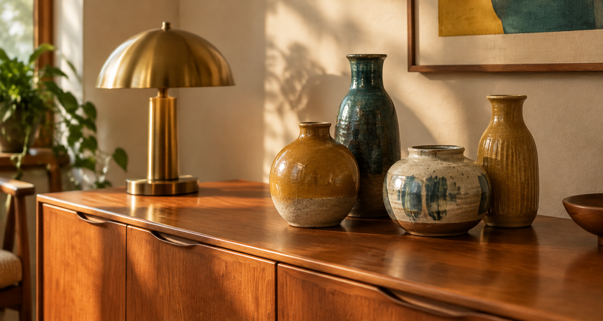 Teak sideboard styled with studio pottery vases and a brass lamp